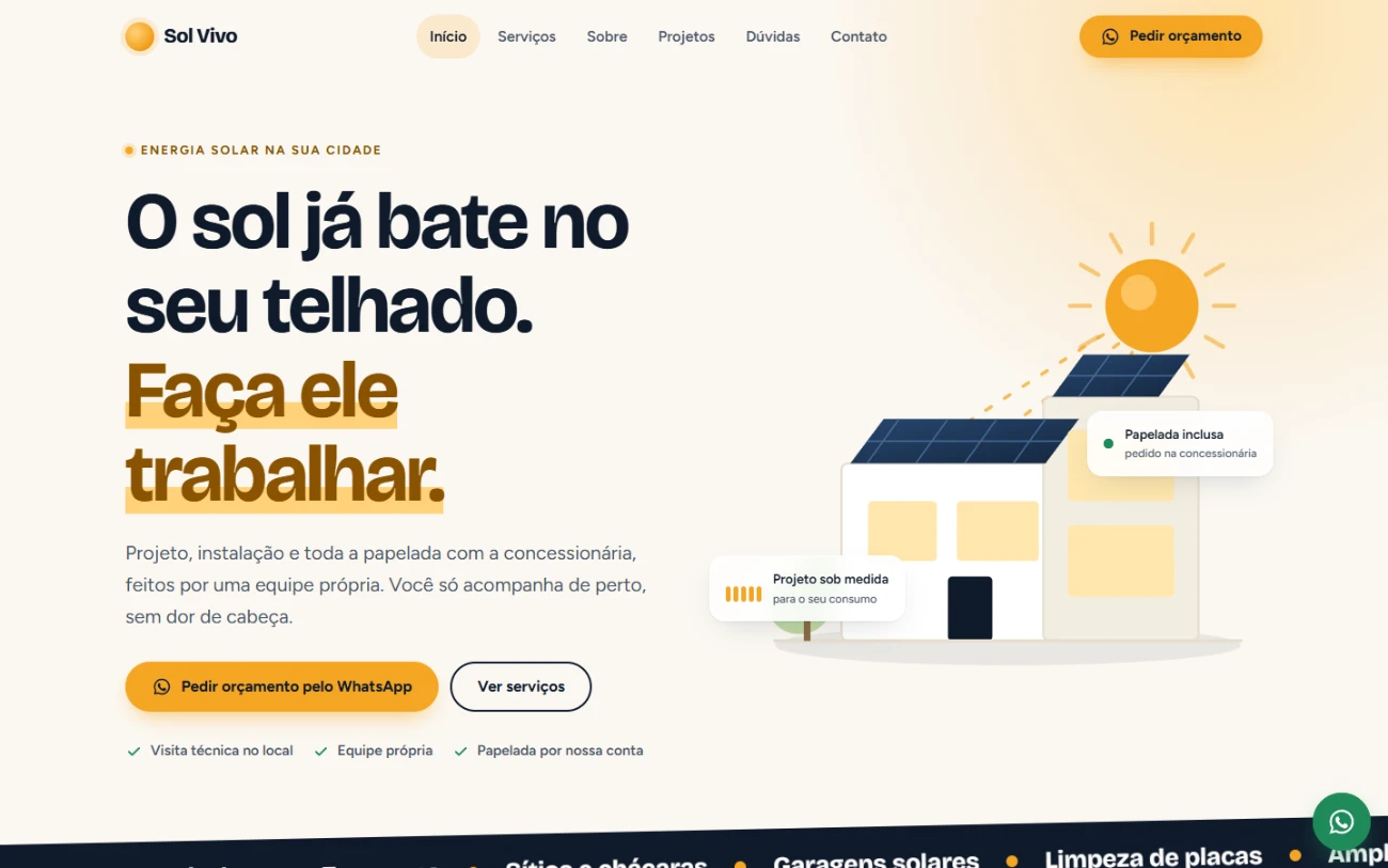 Página inicial do site de exemplo da Sol Vivo, empresa de energia solar, com o título O sol já bate no seu telhado. Faça ele trabalhar.