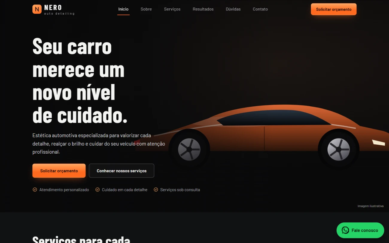 Página inicial do site de exemplo NERO Auto Detailing, com um carro laranja e o título Seu carro merece um novo nível de cuidado