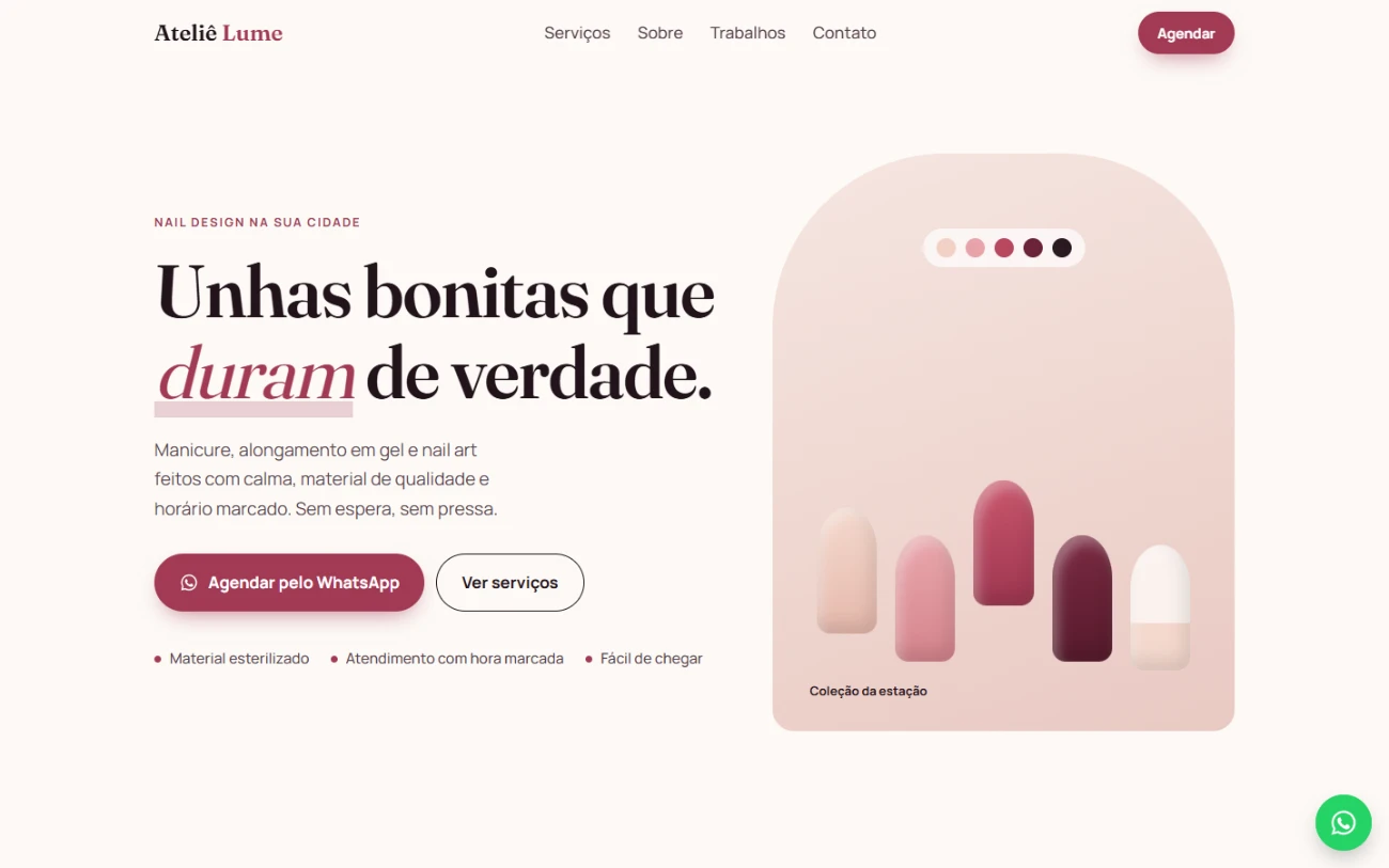 Página inicial do site de exemplo do Ateliê Lume, estúdio de unhas, com o título Unhas bonitas que duram de verdade