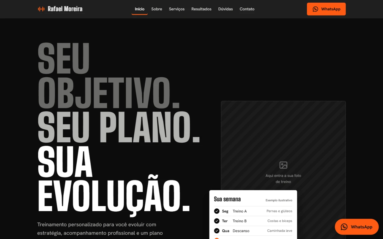 Página inicial do site de exemplo do personal trainer Rafael Moreira, com o título Seu objetivo, seu plano, sua evolução