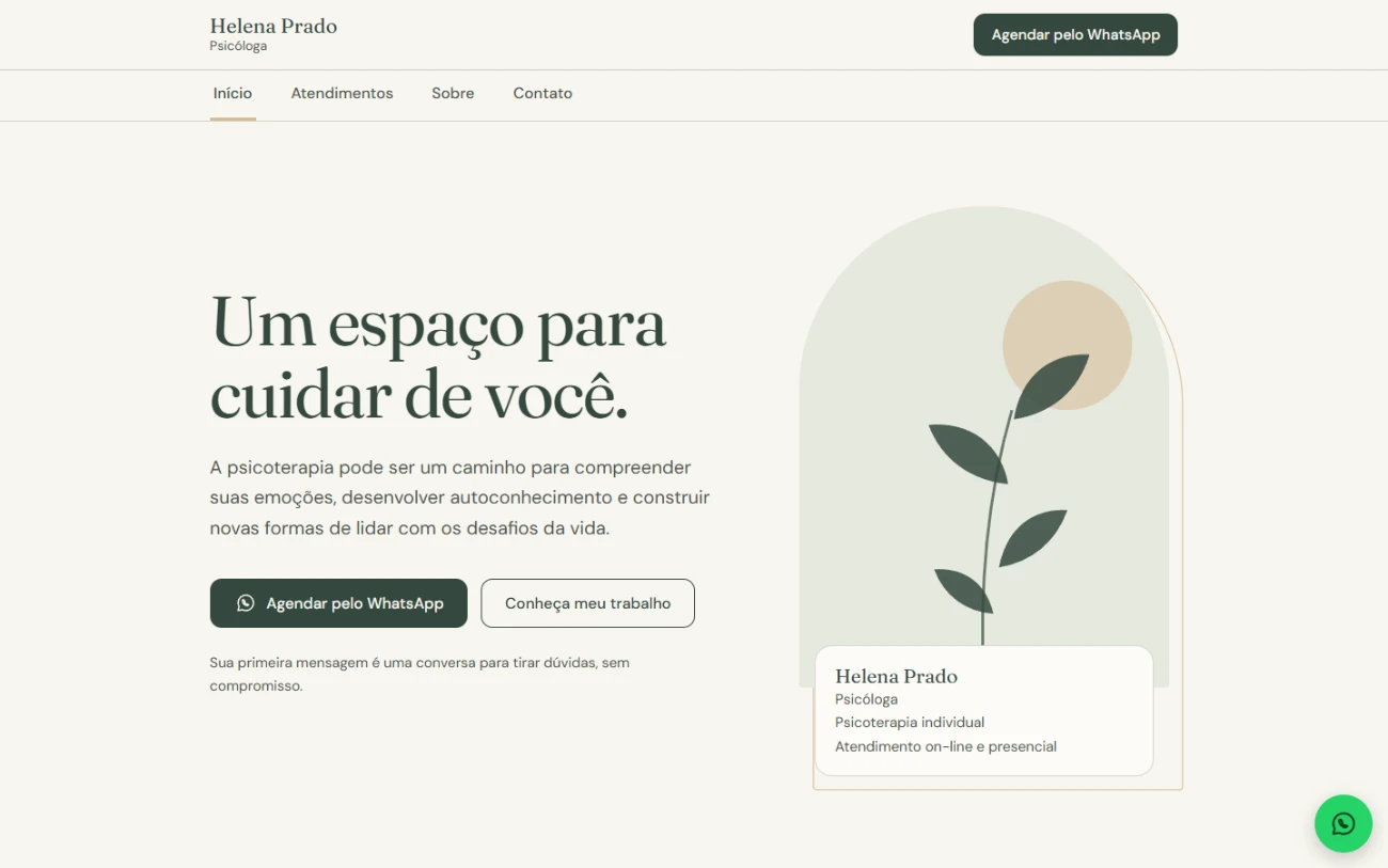 Página inicial do site de exemplo da psicóloga Helena Prado, com o título Um espaço para cuidar de você