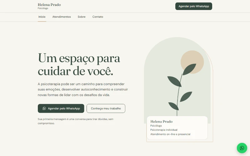 Tela inicial do site de exemplo da psicóloga Helena Prado