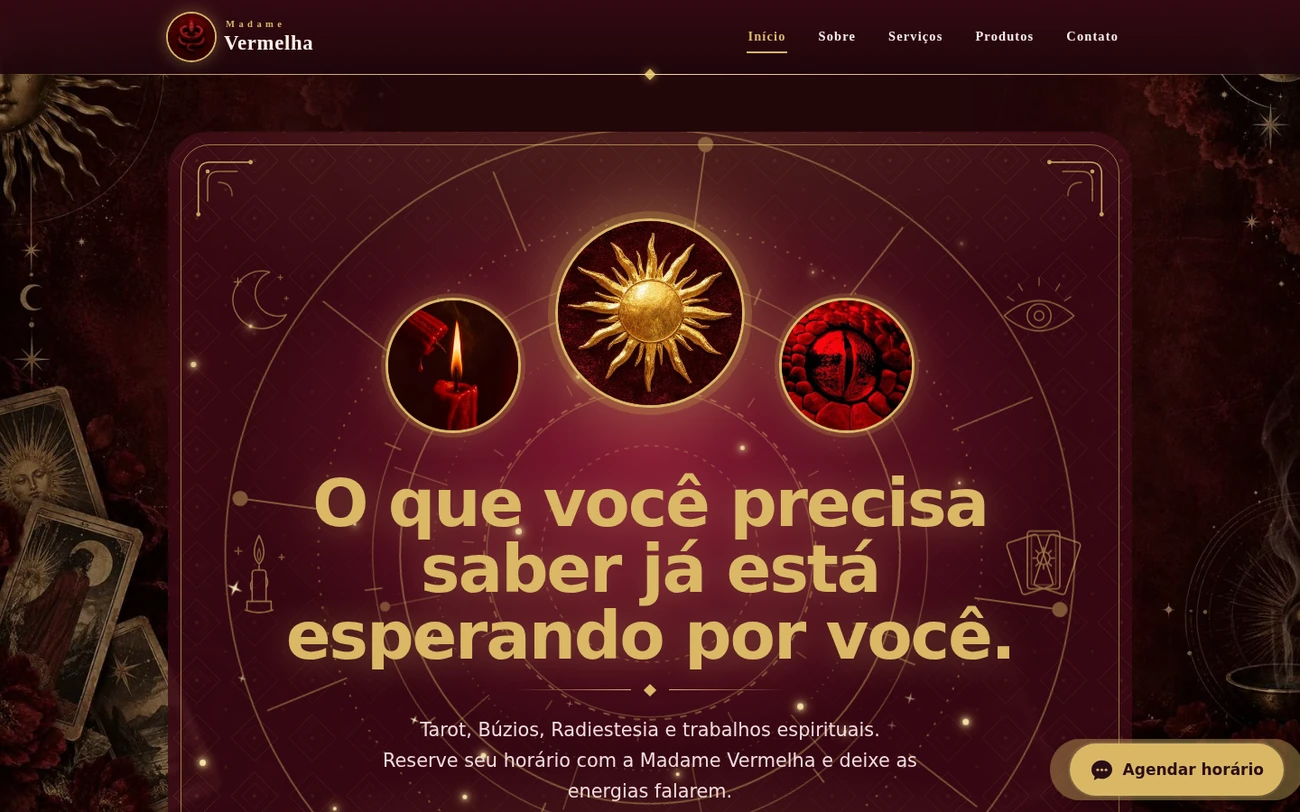 Tela inicial do site da Madame Vermelha, com título, imagens místicas e botão para agendar horário